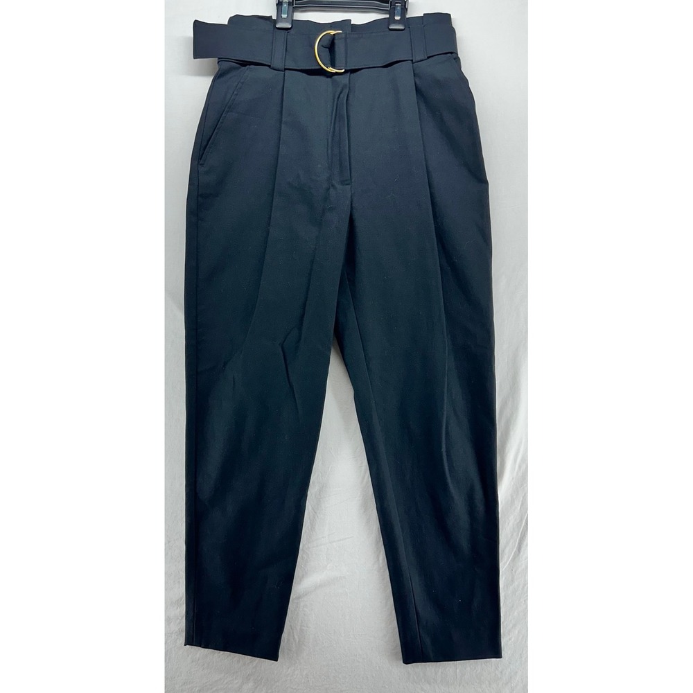 ALC Black High Waisted Belted Tapered Trousers Gold D-Ring Pleated Pants Size 2